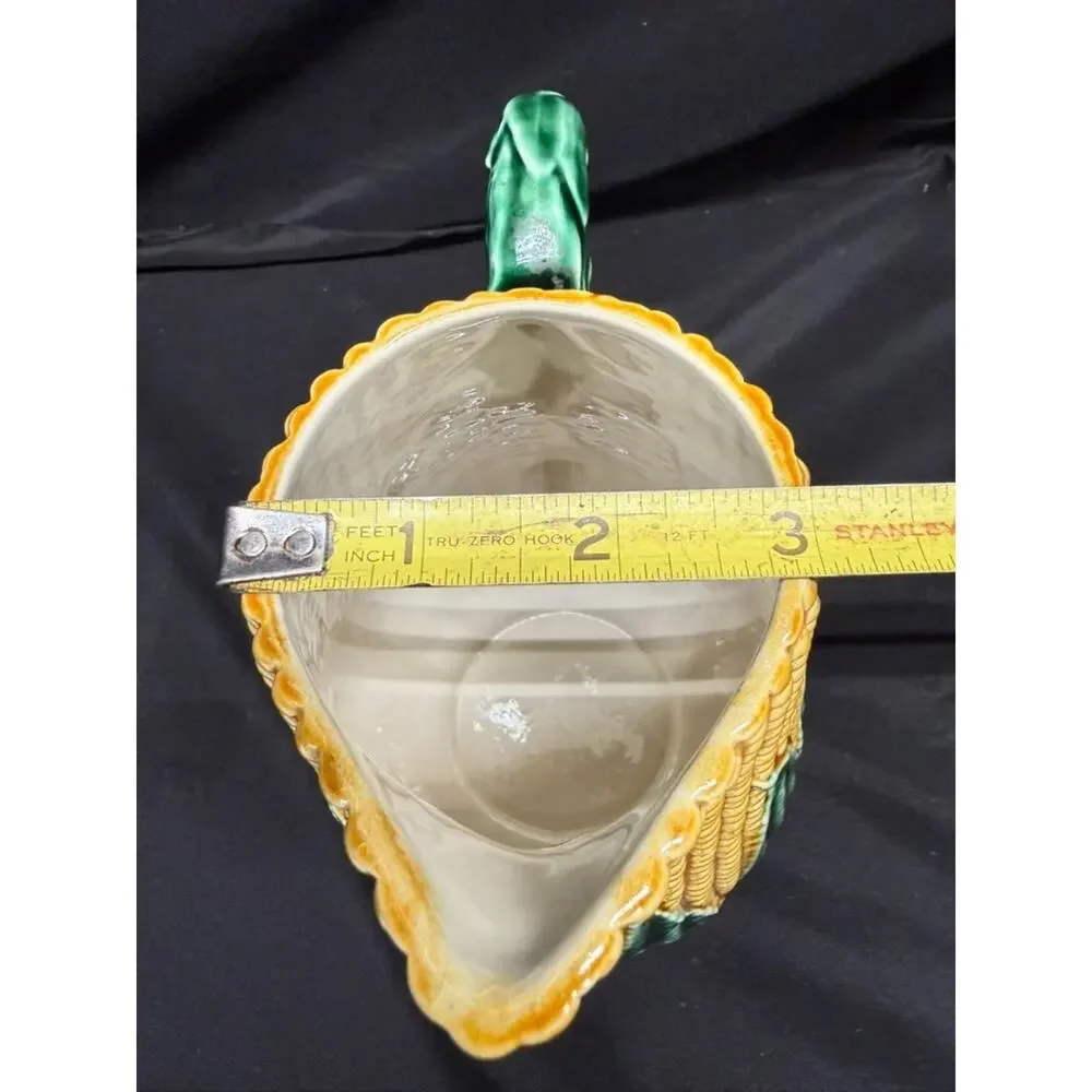 Vintage corn & husk pitcher ceramic majolica style portugal 8 inch yellow green